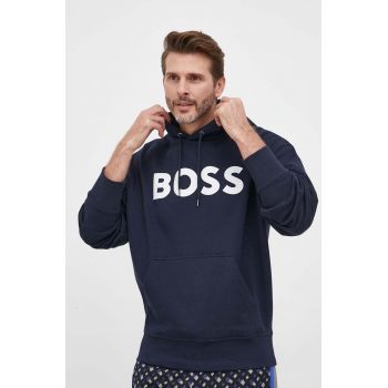 BOSS hanorac de bumbac ORANGE bărbați, culoarea bleumarin, cu glugă, imprimeu 50487134