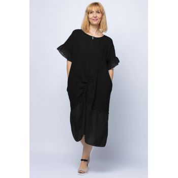 Rochie casual neagra din in, cu siret oblic si volan la maneci