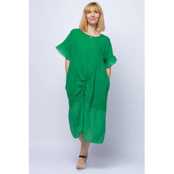 Rochie casual verde din in, cu siret oblic si volan la maneci