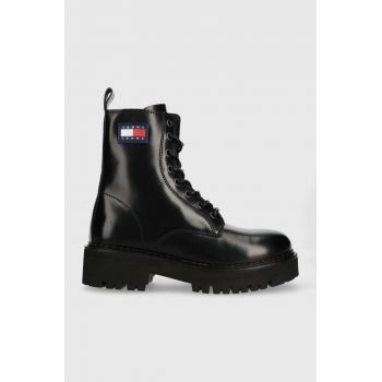 Tommy Jeans bocanci de piele Urban Tommy Jeans Lace Up Boot femei, culoarea negru, cu platforma