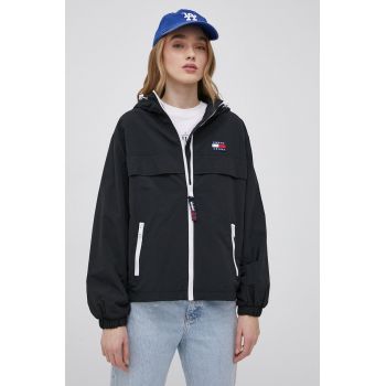 Tommy Jeans geaca femei, culoarea negru, de tranzitie