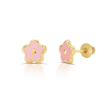 Cercei din aur 14K pentru copii Pink Round Flower