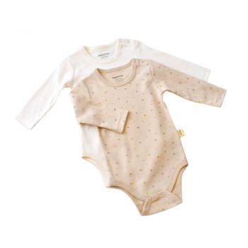 Set 2 body-uri cu maneca lunga bebe unisex -100% bumbac organic - Crem cu buline, BabyCosy