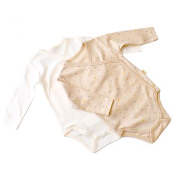 Set 2 body-uri cu maneca lunga petreceute bebe unisex -100% bumbac organic - Crem cu buline, BabyCosy