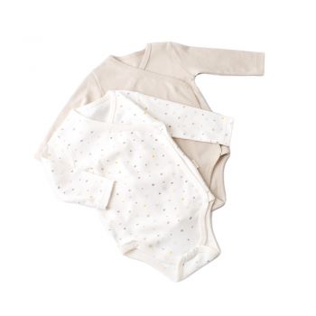 Set 2 body-uri cu maneca lunga petrecute bebe unisex -100% bumbac organic - Ecru cu buline, BabyCosy