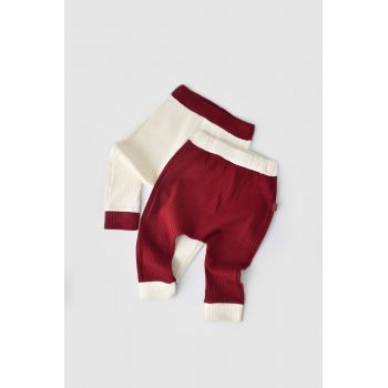 Set 2 pantaloni Ribana Bebe Unisex din bumbac organic si 5%elastan - Ecru/Bordo, BabyCosy