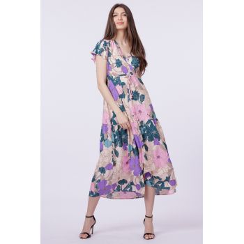 Rochie cu bust petrecut si imprimeu floral pe fond bej