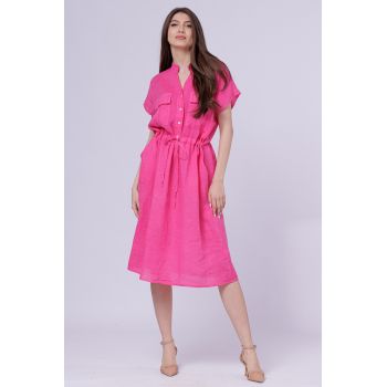 Rochie de vara midi din in cu buzunare si siret in talie, fucsia