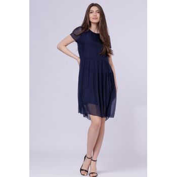 Rochie midi cu volan, din matase naturala bleumarin