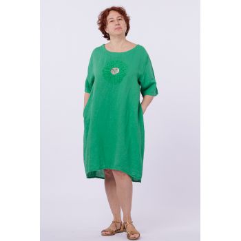 Rochie midi din in cu floare din paiete pe piept, verde