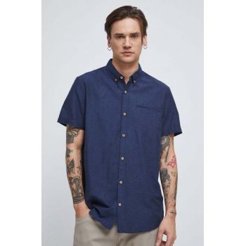 Medicine cămașă de in bărbați, culoarea bleumarin, cu guler button-down, regular