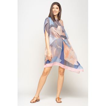 Rochie de plaja tip poncho cu model abstract in nuante de roz, albastru si gri, vascoza