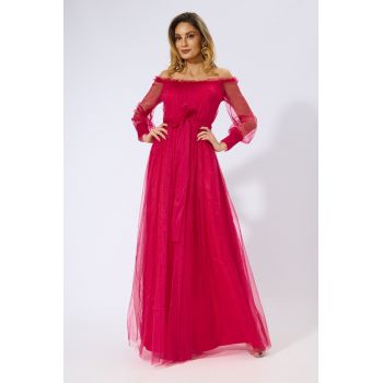 Rochie de ocazie din tull cu decolteu pe umeri Temptation Fucsia