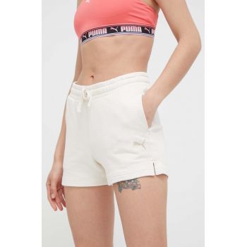 Puma pantaloni scurti din bumbac culoarea bej, cu imprimeu, high waist