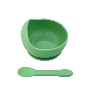 Set castron, farfurie cu ventuza, lingurita si capac verde pal