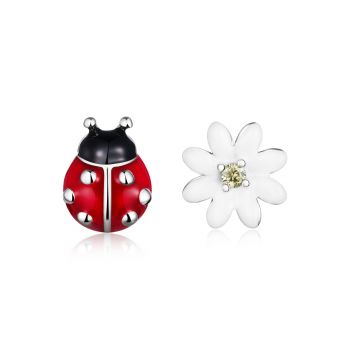 Cercei din argint Asymmetric Ladybug & Daisy