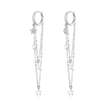 Cercei din argint Long Stars Chain Hoops