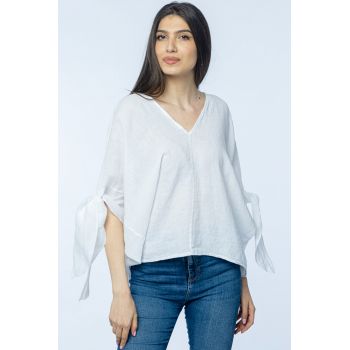 Bluza de vara cu funde, din in, oversize, alba