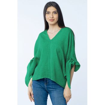 Bluza de vara cu funde, din in, oversize, verde