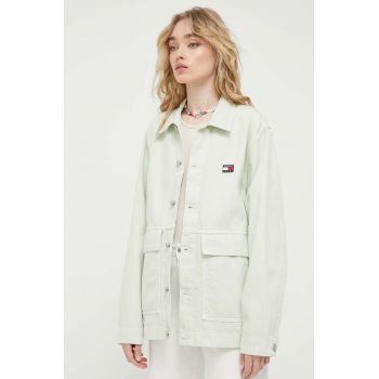 Tommy Jeans geaca jeans femei, culoarea verde, de tranzitie, oversize