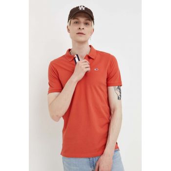 Tommy Jeans polo de bumbac culoarea portocaliu, neted