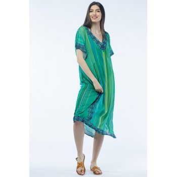 Rochie lunga de plaja tip poncho cu imprimeu dungat predominant verde