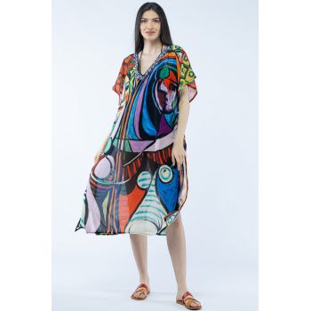 Rochie lunga de plaja tip poncho cu imprimeu dupa Girl Before a Mirror a lui Picasso