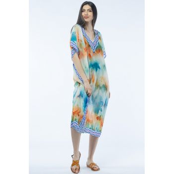 Rochie lunga de plaja tip poncho cu motive florale acuarela