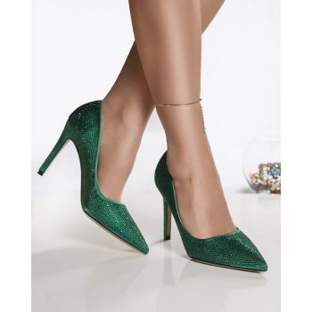 Pantofi dama verde saten cu strasur carla