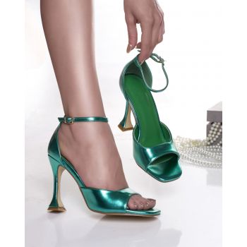 Sandale dama verde cu toc piele ecologica zada ieftine