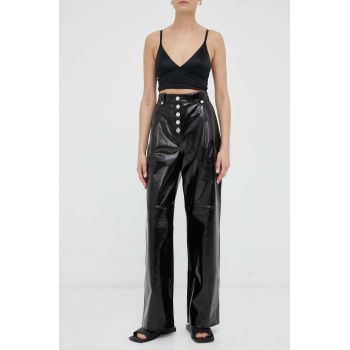 2NDDAY pantaloni de piele femei, culoarea negru, drept, high waist