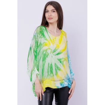 Bluza din matase naturala, cu imprimeu tie dye verde-galben