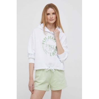 Pepe Jeans hanorac de bumbac ALEXANDRA femei, culoarea alb, cu glugă, cu imprimeu