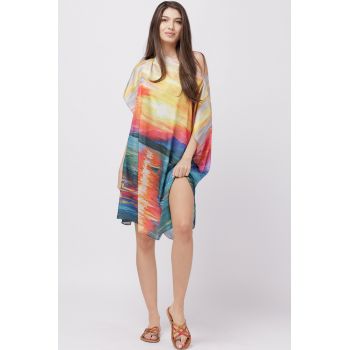 Rochie de plaja tip poncho din matase cu imprimeu apus de soare pe apa