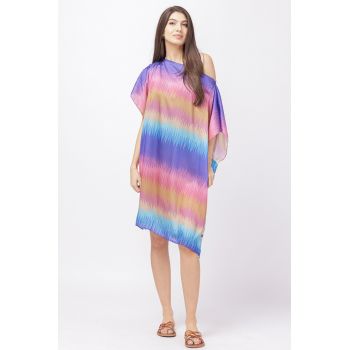 Rochie de plaja tip poncho din matase cu imprimeu curcubeu albastrui