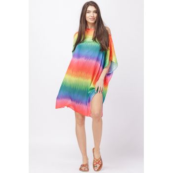 Rochie de plaja tip poncho din matase cu imprimeu curcubeu