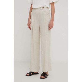 Answear Lab pantaloni din in culoarea bej, drept, high waist