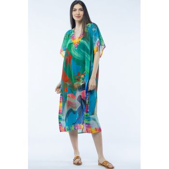 Rochie lunga de plaja tip poncho cu imprimeu pensulat multicolor