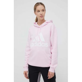 adidas bluza femei, culoarea roz, cu glugă, cu imprimeu ieftin