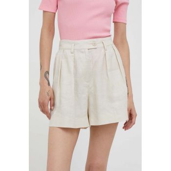 Sisley pantaloni scurti din in culoarea bej, neted, high waist