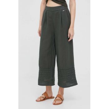 Pepe Jeans pantaloni din in Feva culoarea verde, lat, high waist