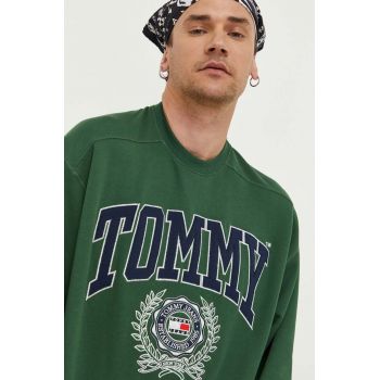 Tommy Jeans hanorac de bumbac barbati, culoarea verde, cu imprimeu