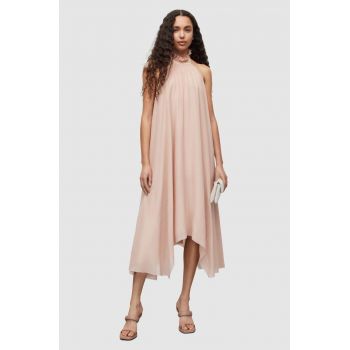 AllSaints rochie de matase culoarea roz, midi, evazati