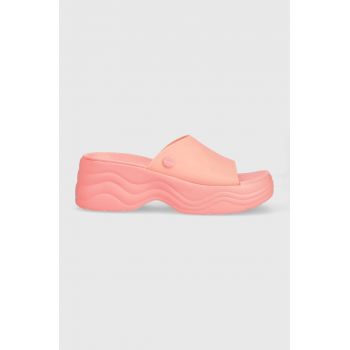 Crocs papuci Skyline Slide femei, culoarea roz, cu platforma, 208182