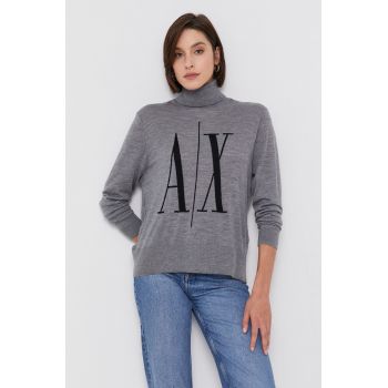 Armani Exchange Pulover de lână femei, culoarea gri, light, cu guler