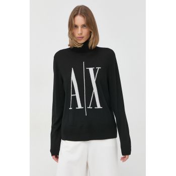 Armani Exchange pulover de lana femei, culoarea negru, light, cu guler