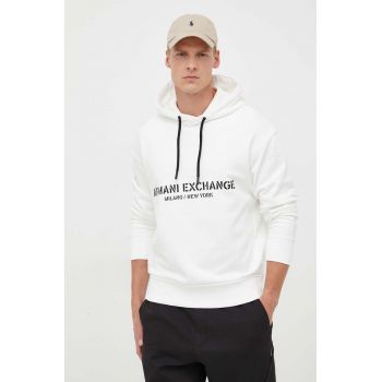 Armani Exchange hanorac de bumbac barbati, culoarea bej, cu glugă, cu imprimeu