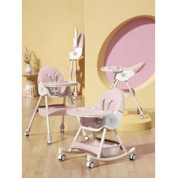 Scaun de masa multifunctional 3 in 1 transformabil in balansoar cu husa detasabila,spatar reglabil ,inaltime reglabila,masuta detasabila si roti Little Mom Rocking Chair Pink