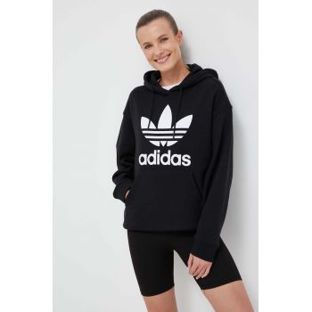 adidas Originals hanorac de bumbac femei, culoarea negru, cu glugă, cu imprimeu