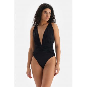 Costum de baie intreg cu decolteu adanc si model petrecut